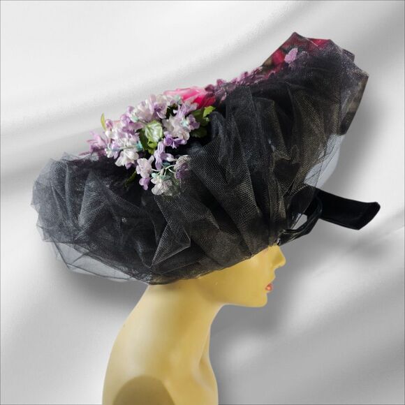 Vintage Mme. Poswolsky NY Black Tulle Derby Hat Roses & Rhinestones 1950s RARE